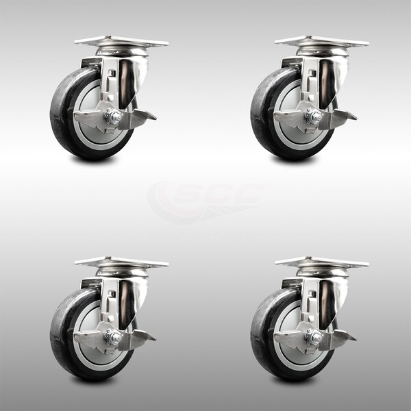 Service Caster 4 Inch 316SS Black Polyurethane Wheel Swivel Top Plate Caster Set with Brake SCC SCC-SS31620S414-PPUB-BLK-TLB-4 - main